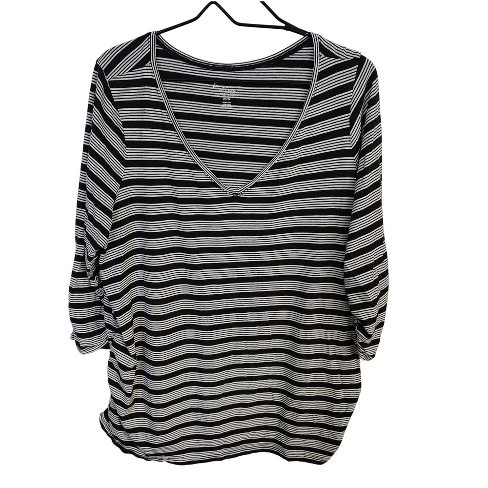 Lane Bryant‎ Striped V-Neck Top Womens 22/24 Black White 3/4 Sleeve Ruched Side